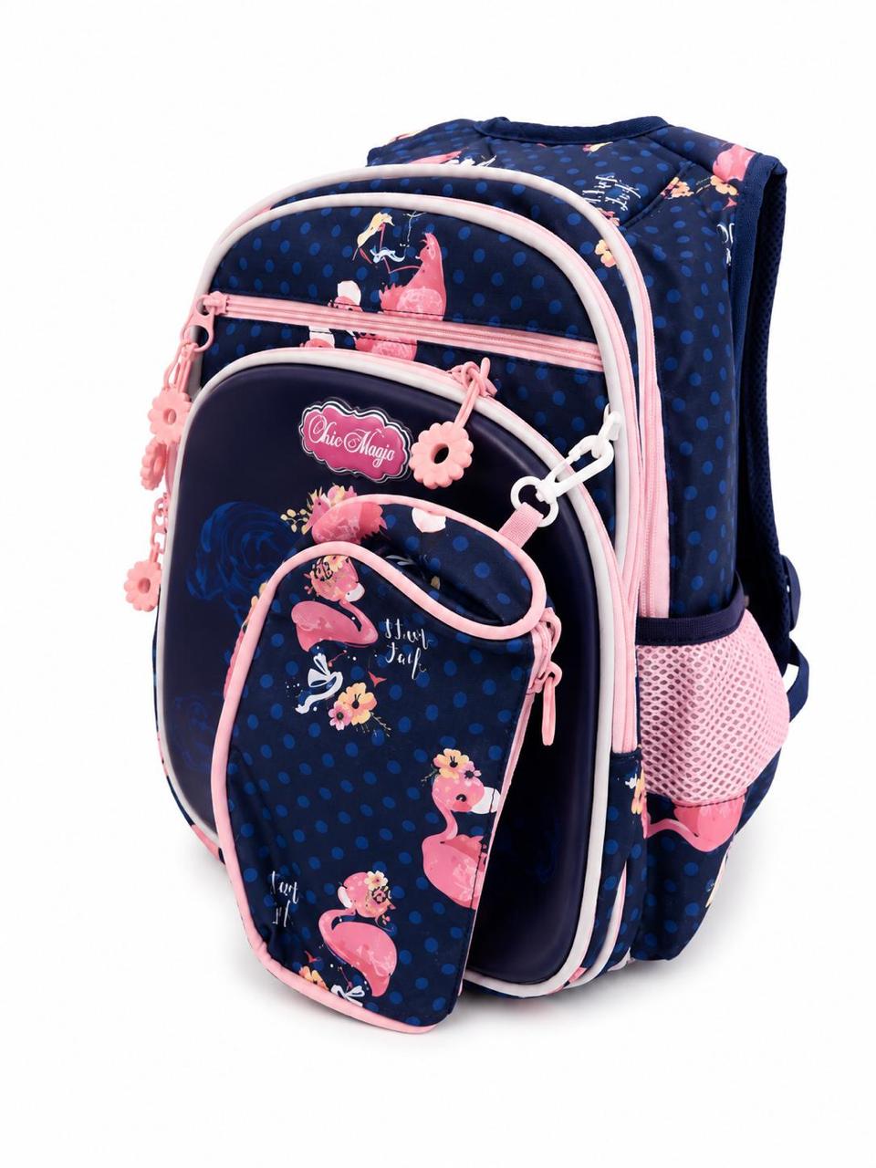 Three layer backpack with back support and 3d design plus pencil case 35L flamingo