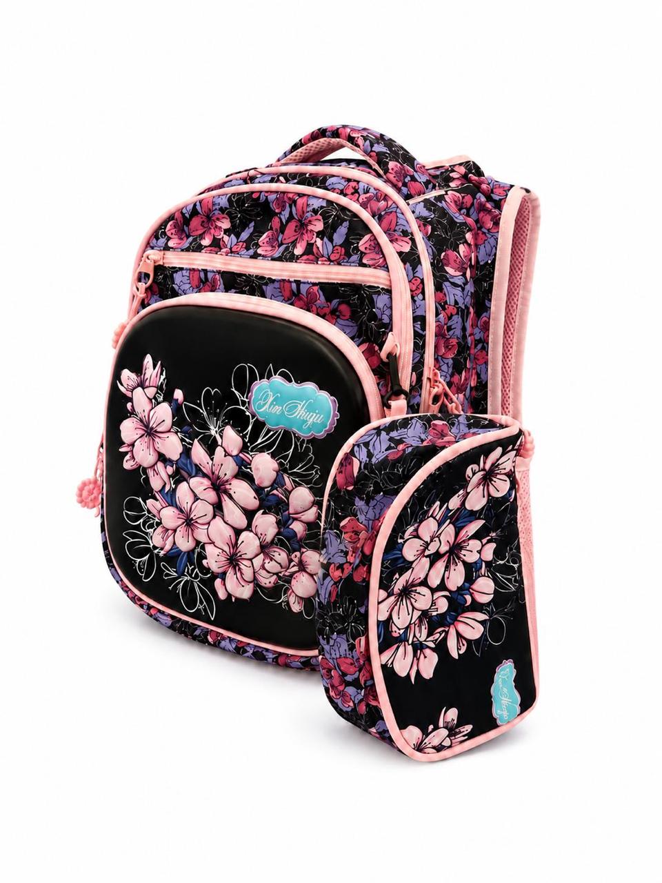 Three layer backpack with back support and 3d design plus pencil case 35L pink flower