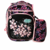 Three layer backpack with back support and 3d design plus pencil case 35L pink flower