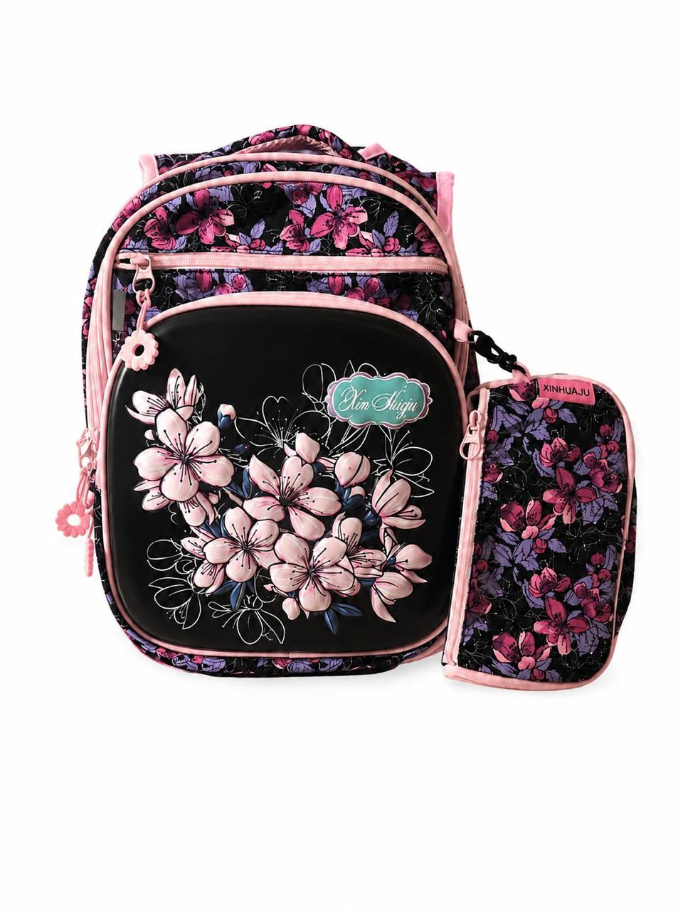 Three layer backpack with back support and 3d design plus pencil case 35L pink flower